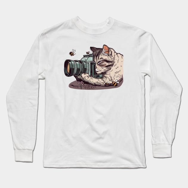 Kitty Photographing Bees Long Sleeve T-Shirt by KilkennyCat Art